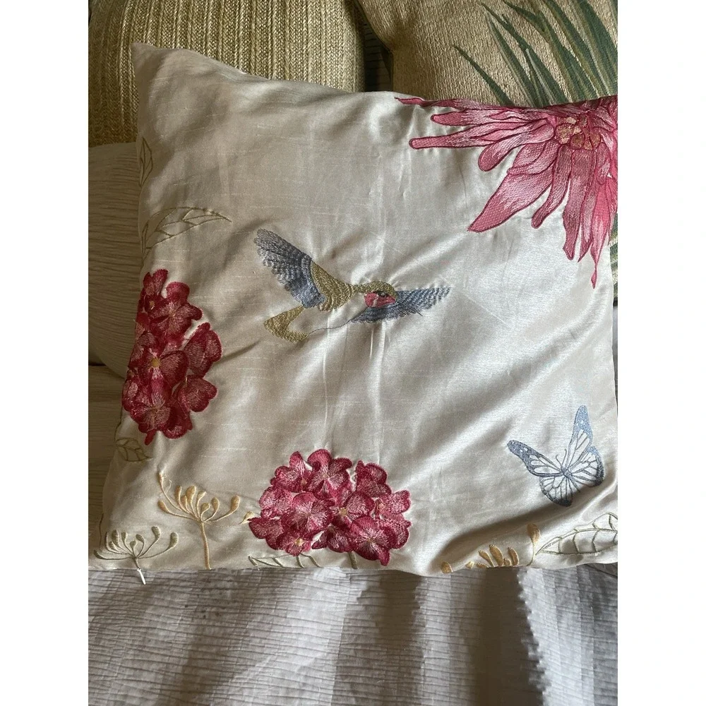 Vintage Satin Embroidered Floral Hummingbird Cottagecore Accent Pillow 17